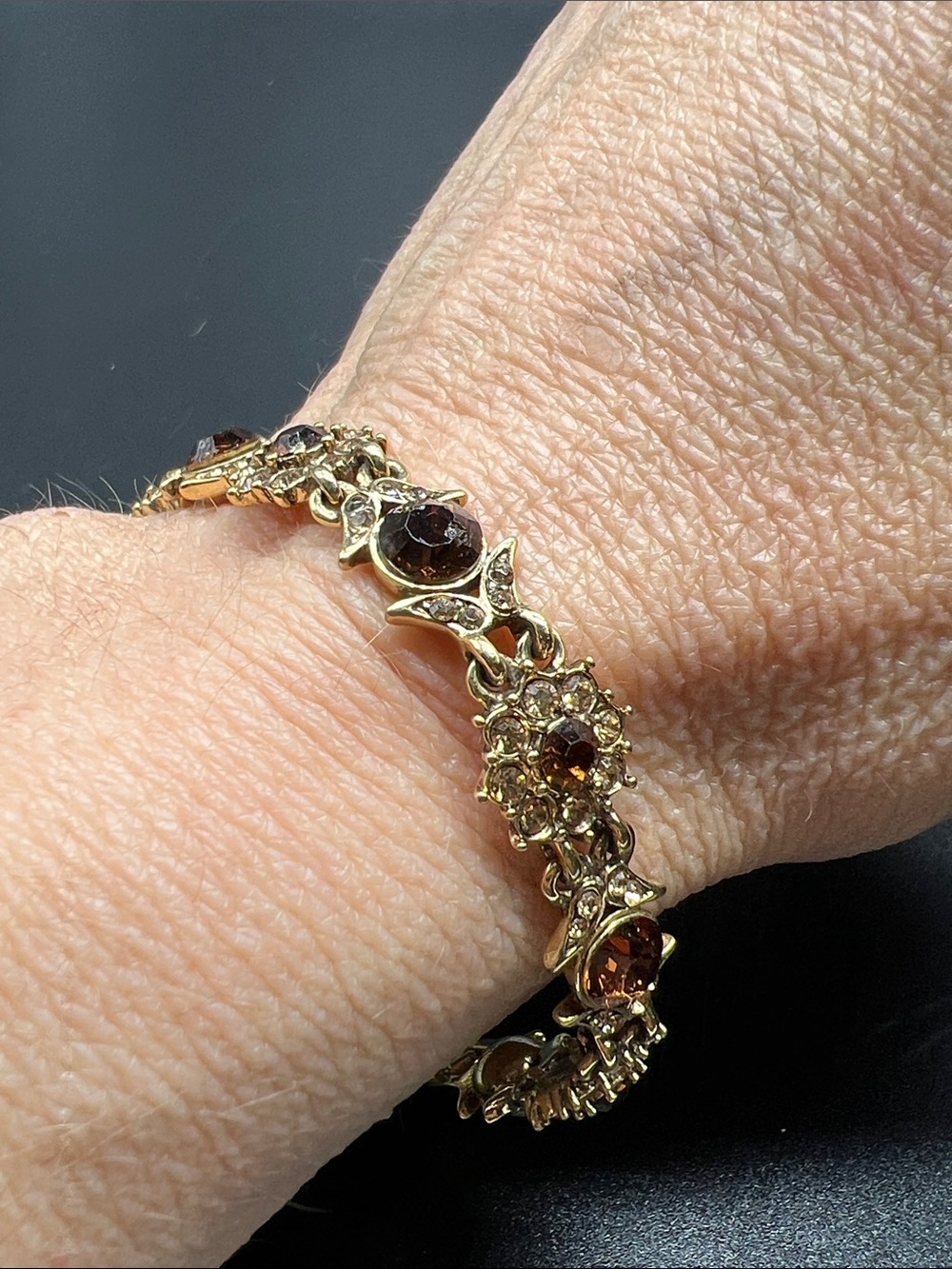 Vintage Monet Amber Topaz Rhinestone Floral Bracelet 7.5” Gold Tone - Picture 10 of 12